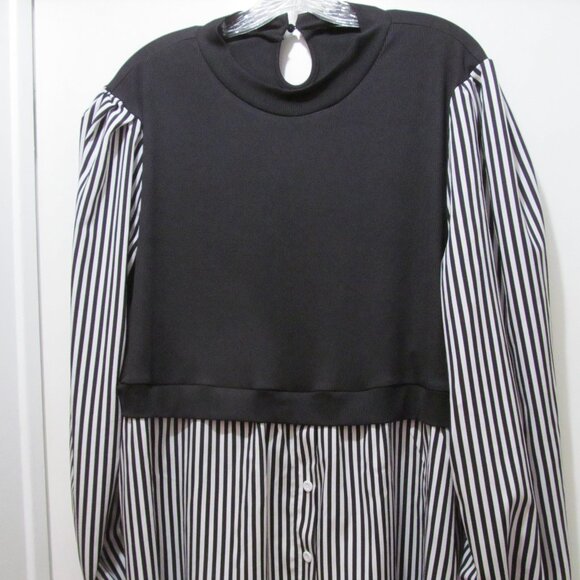 SHEIN Curve Essnce Plus Striped Print Top Lantern Sleeve 2 in 1 top Black Sz 4X - Picture 2 of 14